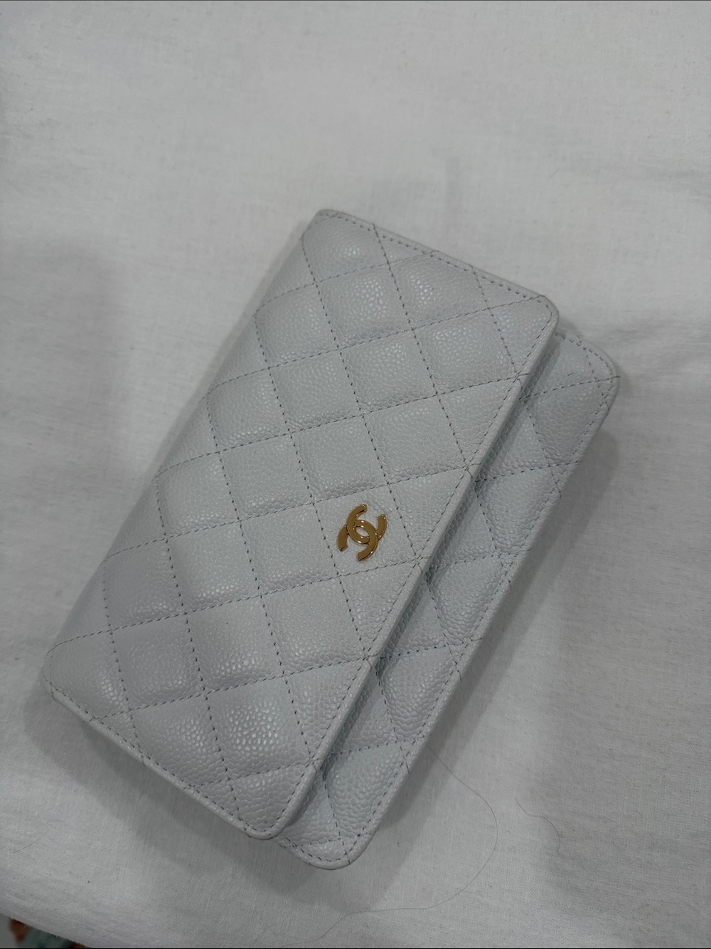 CHANEL Quilted Wallet on Chain in Light Gray with Gold CC